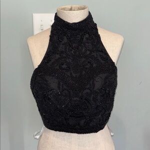 Sherri Hill Black Embroidered beaded Crop Top halter party shirt blouse size 6